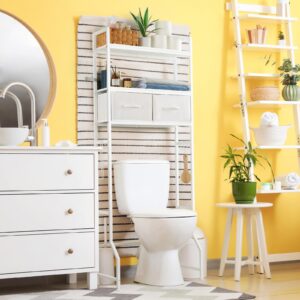 YBING Over The Toilet Storage, Over Toilet Bathroom Organizer with Drawer, Above Toilet Stand with Roll Holder and Hooks, Over Toilet Storage Shelf Cabinet, Wooden, White