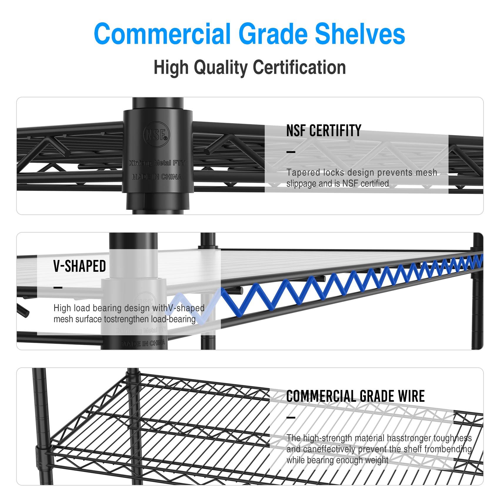 NSF 6 Tier 6000lbs Metal Shelf Wire Shelving Unit, Heavy Duty Adjustable Storage Rack with 5in Wheels and Shelf Liners for Commercial Grade Utility Steel Storage Rack - 18"D x 60"L x 87.5"H - Black