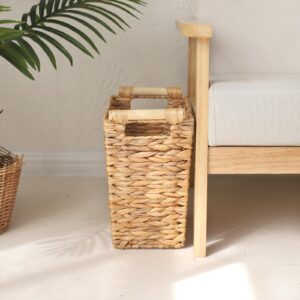 KINGWILLOW Wicker Waste Basket with Wood Handles, Woven Water Hyacinth Trash Can for Sundries Bedroom Bathroom Office