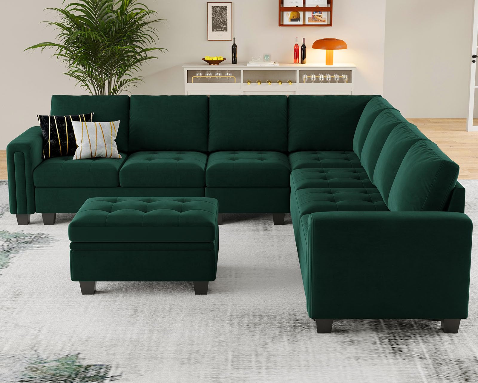 Belffin Convertible Velvet Modular Sectional Sofa Couch with Reversible Chaise L Shaped Sectional Couch with Storage Ottoman Living Room furniture Sofa Set Green