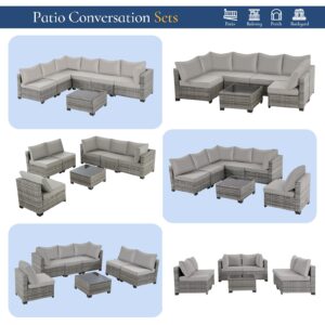 FHFO 7 Pieces Outdoor Patio Furniture Set, Wicker Sectional Sofa Set Rattan Modular Patio Conversation Sets with Cushions Couch Set & Coffee Table for Outside, Garden, Balcony, Porch, Grey