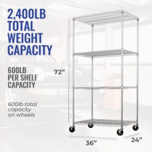 SafeRacks - NSF Certified Storage Shelves, Zinc, Heavy Duty Steel Wire Unit with Wheels and Adjustable Feet, Garage or Bakers Rack, Kitchen, Pantry Shelf - (36"x24"x72" 4-Tier) (Silver)