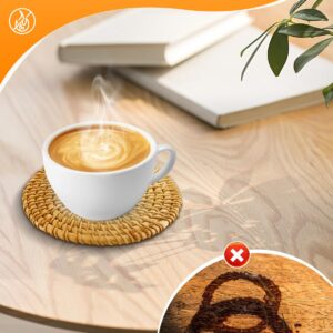 6pcs Handmade Rattan Coasters with Holder, Natural Wicker Boho Coasters Set, Heat-resistant Drink Coasters for Coffee Table Housewarming Gifts Hot Drinking Home Decor Protecting Table