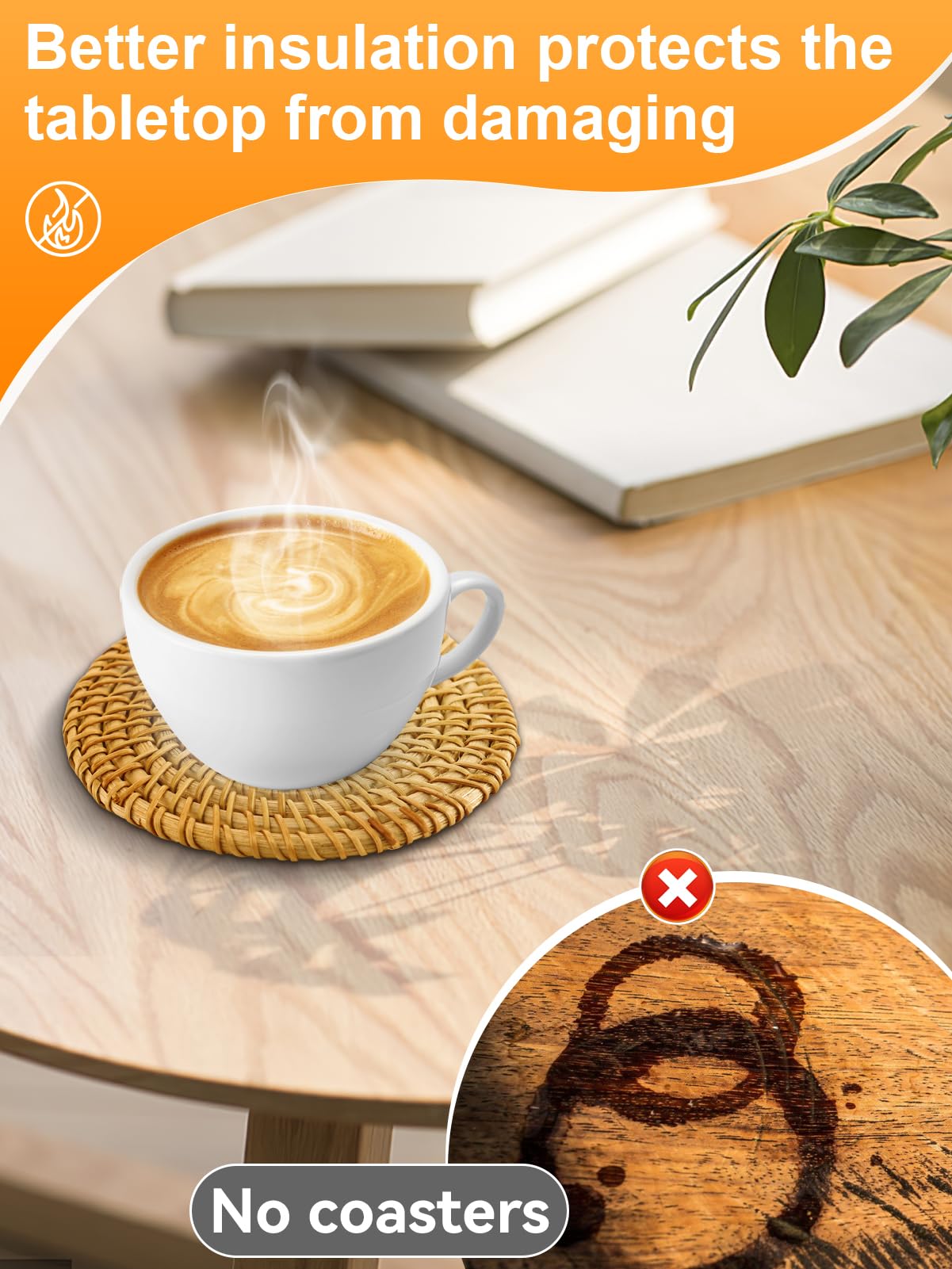 6pcs Handmade Rattan Coasters with Holder, Natural Wicker Boho Coasters Set, Heat-resistant Drink Coasters for Coffee Table Housewarming Gifts Hot Drinking Home Decor Protecting Table