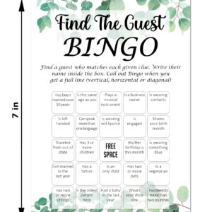 RokAPary Eucalyptus Theme Find The Guest Bingo Game, Wedding, Bridal Shower, Bachelorette or Engagement Party Game, Event Activities Play Pack of 50 Cards 5”x7” Made in USA