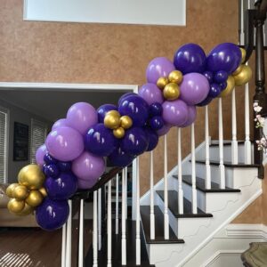 Purple Gold Confetti Balloons, 60 Packs 12 inch Dark Purple and Gold Metallic Chrome Party Balloons with Ribbons for Girls Women Birthday, Baby Shower, Wedding, Anniversary, Graduation Decoration