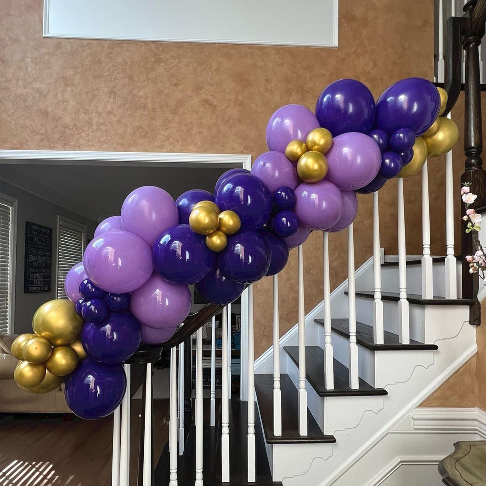 Purple Gold Confetti Balloons, 60 Packs 12 inch Dark Purple and Gold Metallic Chrome Party Balloons with Ribbons for Girls Women Birthday, Baby Shower, Wedding, Anniversary, Graduation Decoration