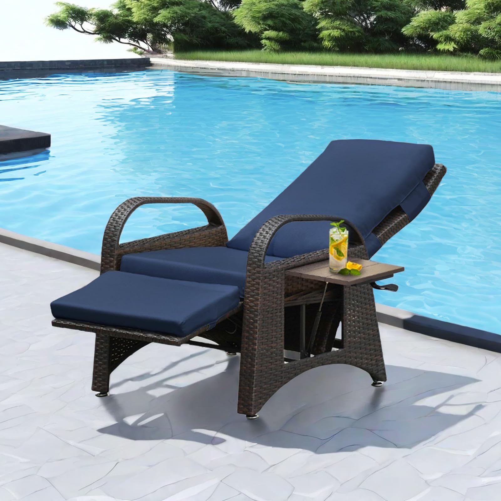 Indoor & Outdoor Recliner with Headrest and Flip Table, All-weather PE Wicker Patio Reclining Lounge Chair, Air Pump Adjustable Back and Footrest Removable Cushion (One Chair - Navy Blue)