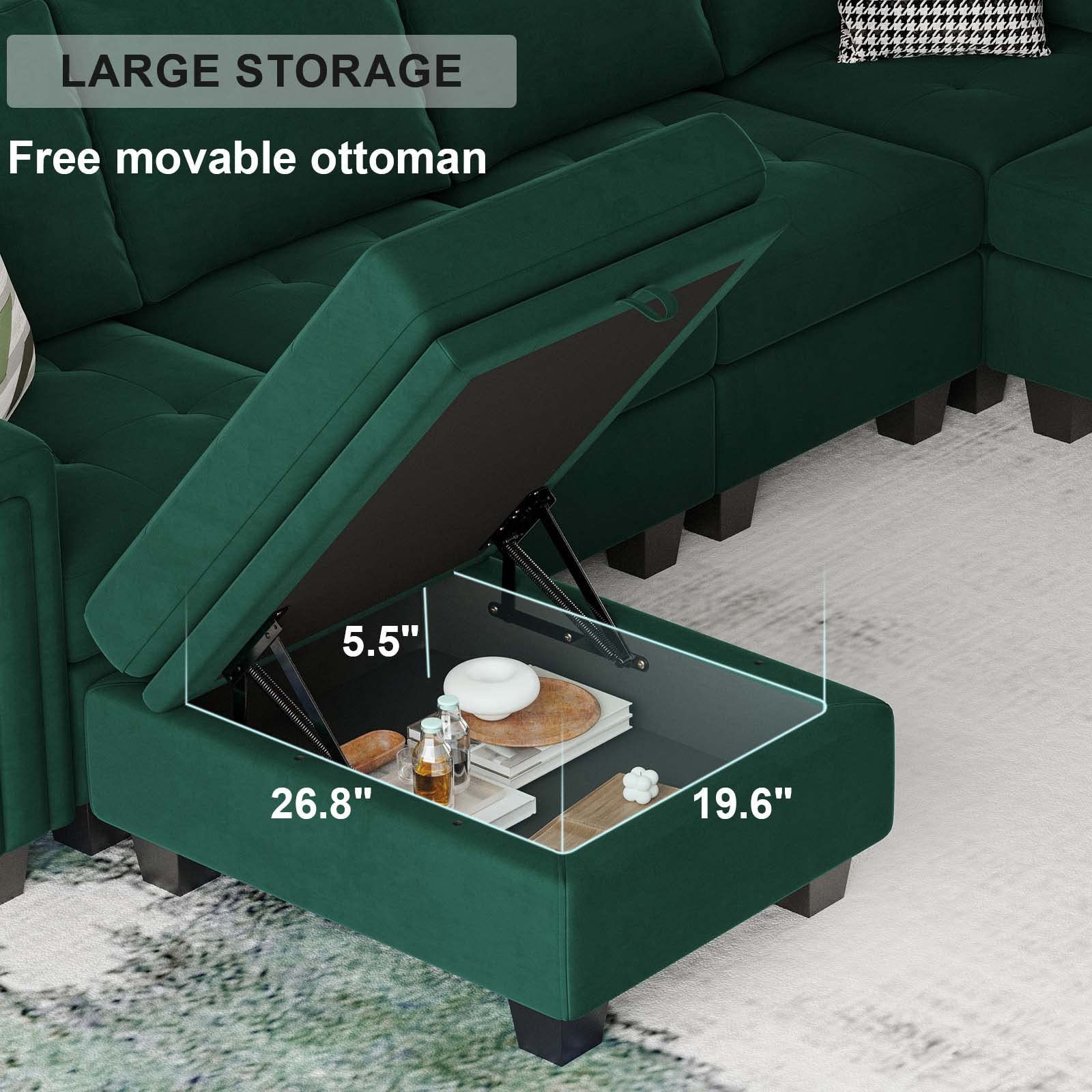 Belffin Convertible Velvet Modular Sectional Sofa Couch with Reversible Chaise L Shaped Sectional Couch with Storage Ottoman Living Room furniture Sofa Set Green