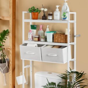 YBING Over The Toilet Storage, Over Toilet Bathroom Organizer with Drawer, Above Toilet Stand with Roll Holder and Hooks, Over Toilet Storage Shelf Cabinet, Wooden, White