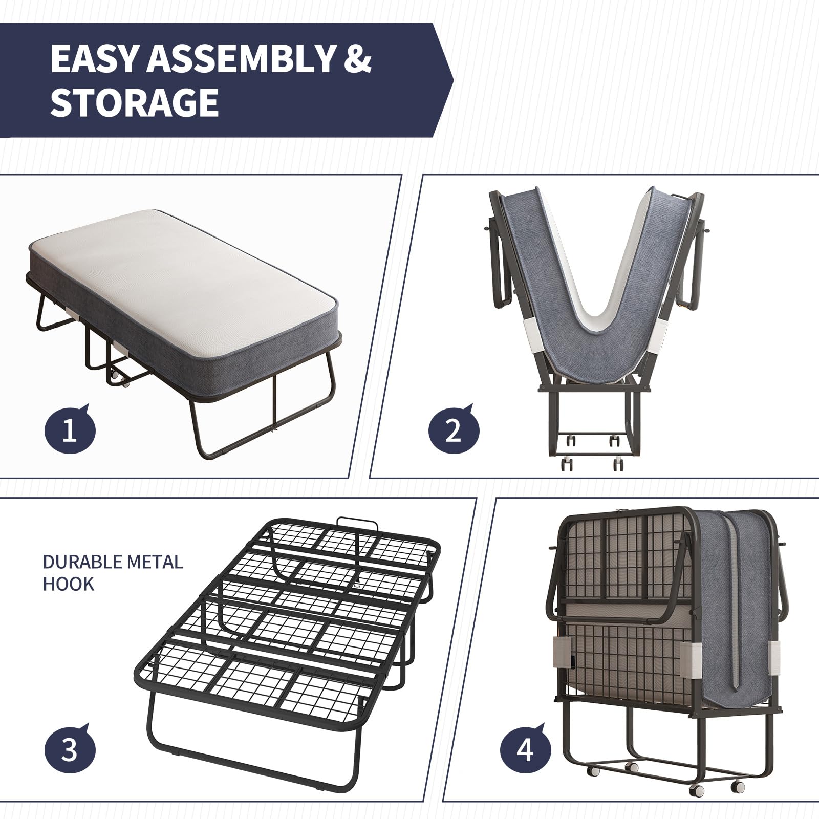 ZAFLY Folding Bed with 4” Memory Sponge Mattress, Portable Guest Bed Camping Cot for Adults, Soft Padded Rollaway Sleeping Bed for Travel and Hospital Nursing, 75 x 31” Twin Size(Standard)