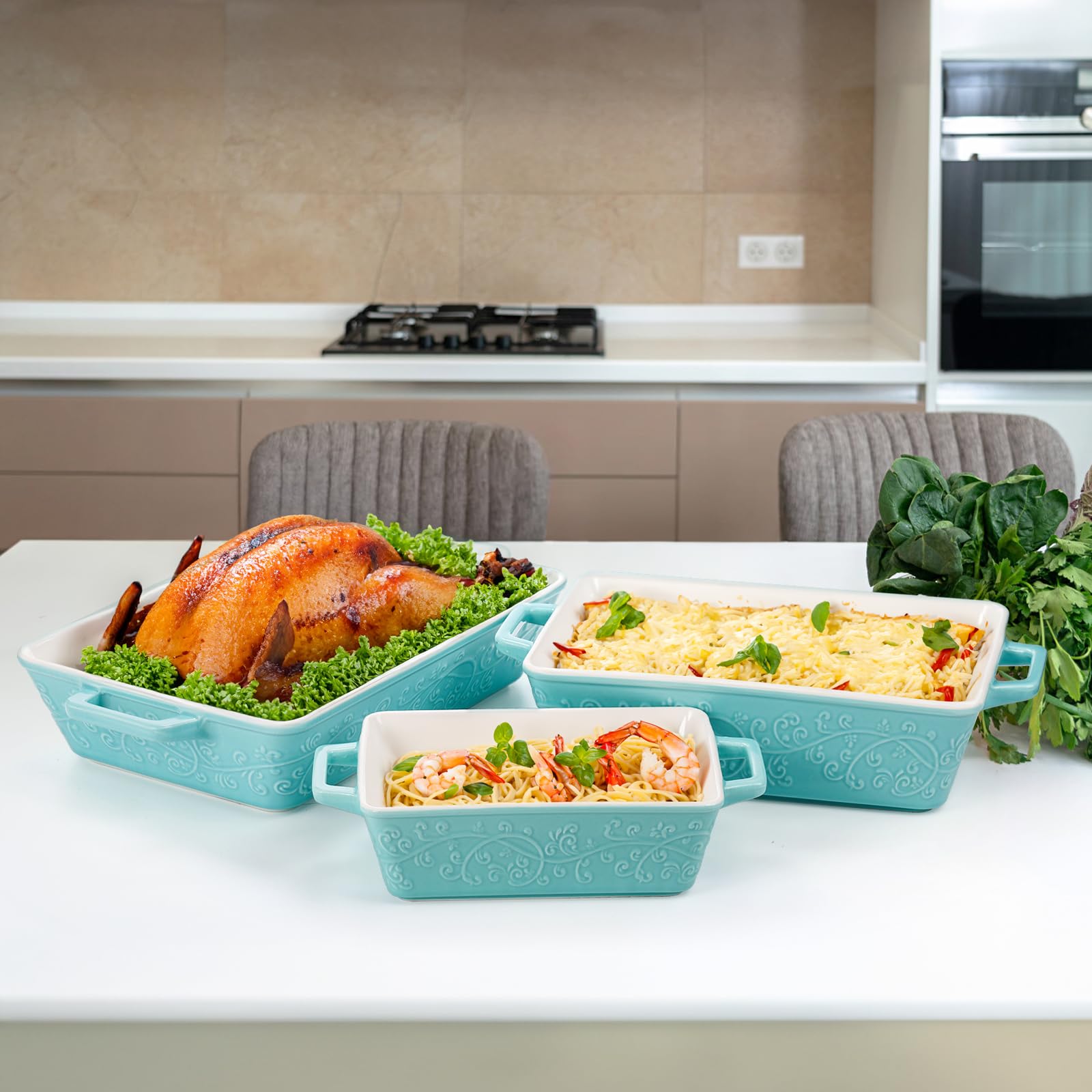 Okllen Set of 3 Casserole Dishes for Oven, Ceramic Baking Dishes with Handles, Rectangular Lasagna Pan Bakeware Set for Baking Cooking, Roasting, Broiling, Gratin, Wedding & Housewarming Gift, Blue