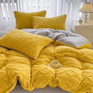 INFLAG Fluffy Comforter Cover, Boho Bedding Flannel Duvet Cover 3 Pieces, Ultra Soft Cozy Velvet Duvet Cover King 104" x 90" with Zipper Closure & 2 Pillow Shams (King, Yellow)