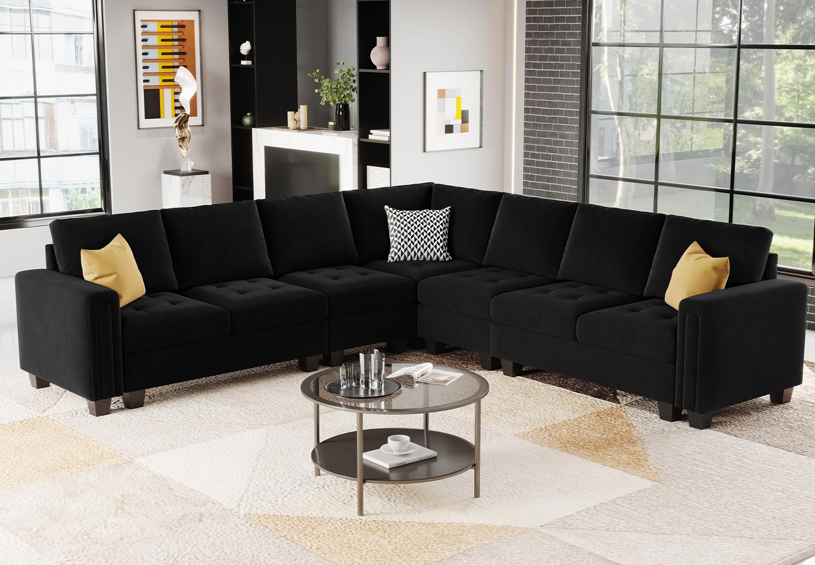 Belffin Modular Velvet Sectional L Shape Sofa Couch Oversized Convertible Sectional Sofa Couch with Reversible Chaise for Living Room Black