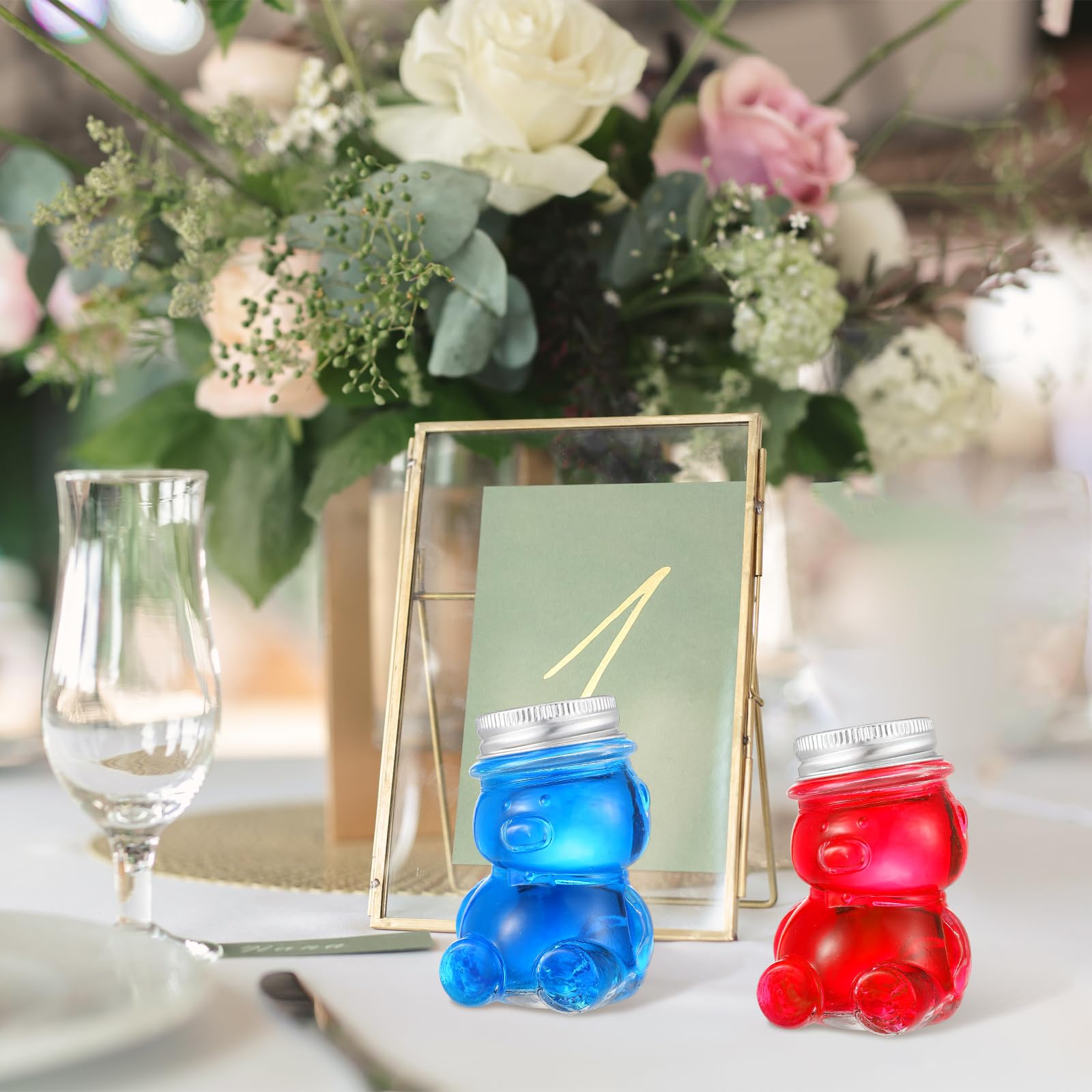 Hushee 24 Pcs 1.5 oz Glass Honey Bear Jar Mini Cute Honey Bottles Bear Mason Jar Small Funny Shot Glasses with Lids for Jam Candies DIY Decoration Gift Wedding Party Favors