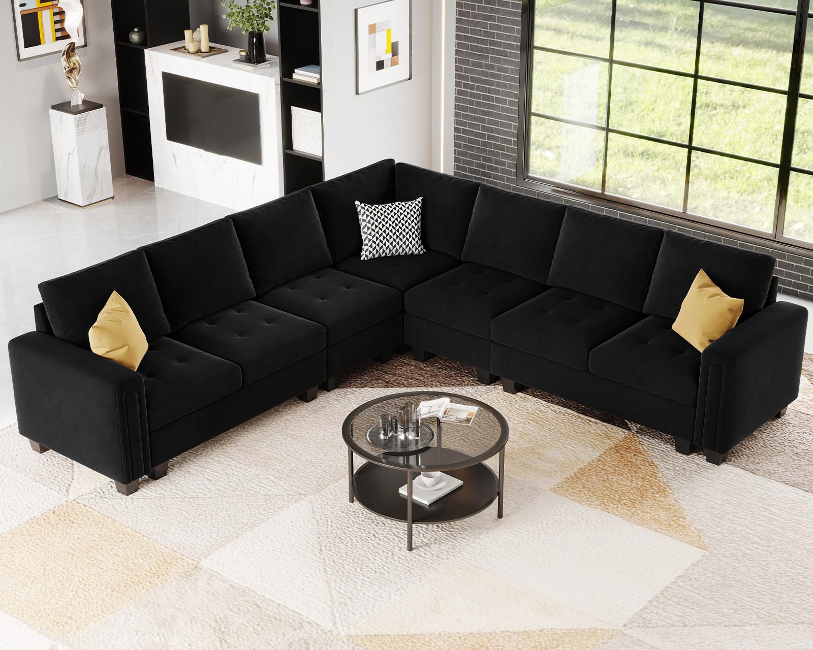 Belffin Modular Velvet Sectional L Shape Sofa Couch Oversized Convertible Sectional Sofa Couch with Reversible Chaise for Living Room Black