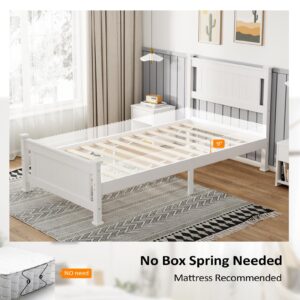 VINGLI Twin Bed Frame Solid Wood Platform Bed Frame, Single Bed with Headboard, No Box Spring Needed Panel Bed, Wood Slat Support Mattress Foundation, White