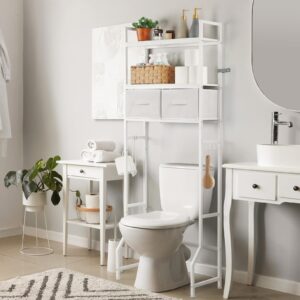 YBING Over The Toilet Storage, Over Toilet Bathroom Organizer with Drawer, Above Toilet Stand with Roll Holder and Hooks, Over Toilet Storage Shelf Cabinet, Wooden, White