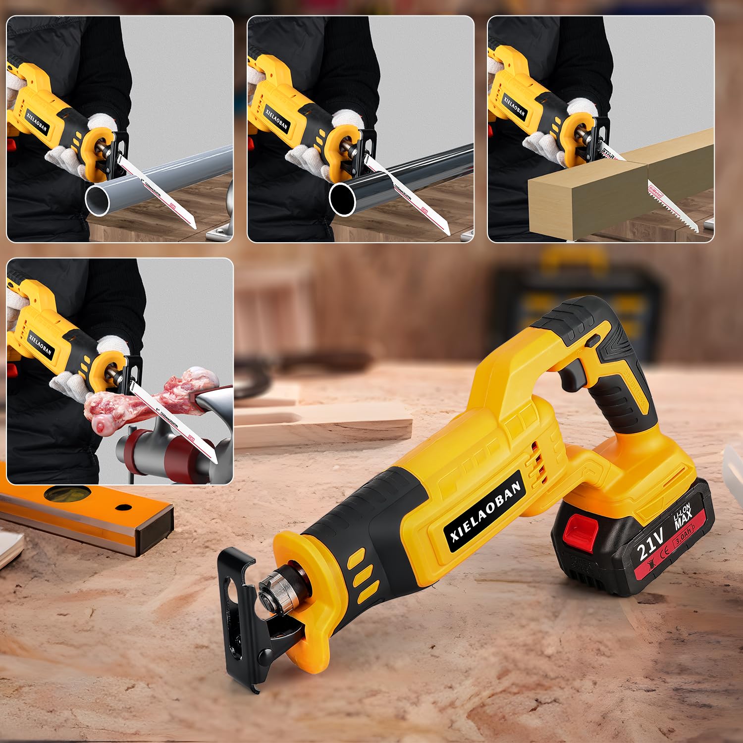 XIELAOBAN Sawzall, Cordless Electric Reciprocating Saw, 3000 SPM 3 Speed Adjustment with 4 Blades for Wood, Metal, Plastic,Including 2pcs 21V/3.0Ah Li-Ion Battery With Fast Charger