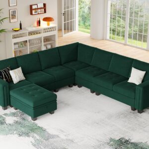 Belffin Convertible Velvet Modular Sectional Sofa Couch with Reversible Chaise L Shaped Sectional Couch with Storage Ottoman Living Room furniture Sofa Set Green