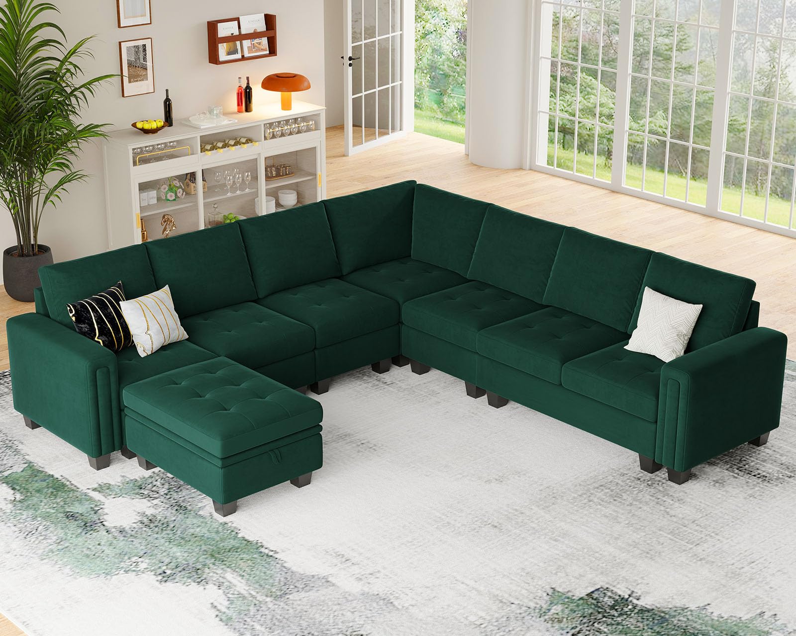 Belffin Convertible Velvet Modular Sectional Sofa Couch with Reversible Chaise L Shaped Sectional Couch with Storage Ottoman Living Room furniture Sofa Set Green