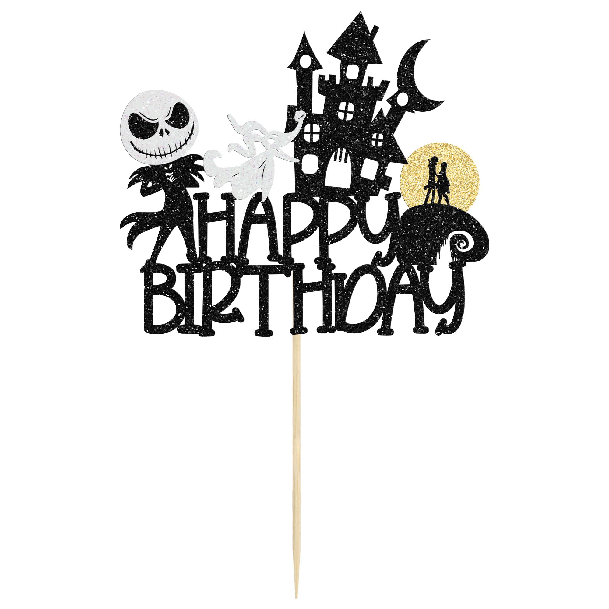 1Pc Halloween Happy Birthday Cake Topper Glitter Jack and Sally Pumpkin Bat Castle Ghost Halloween Cake Pick for Halloween Theme Baby Shower Kids Birthday Party Cake Decorations Supplies