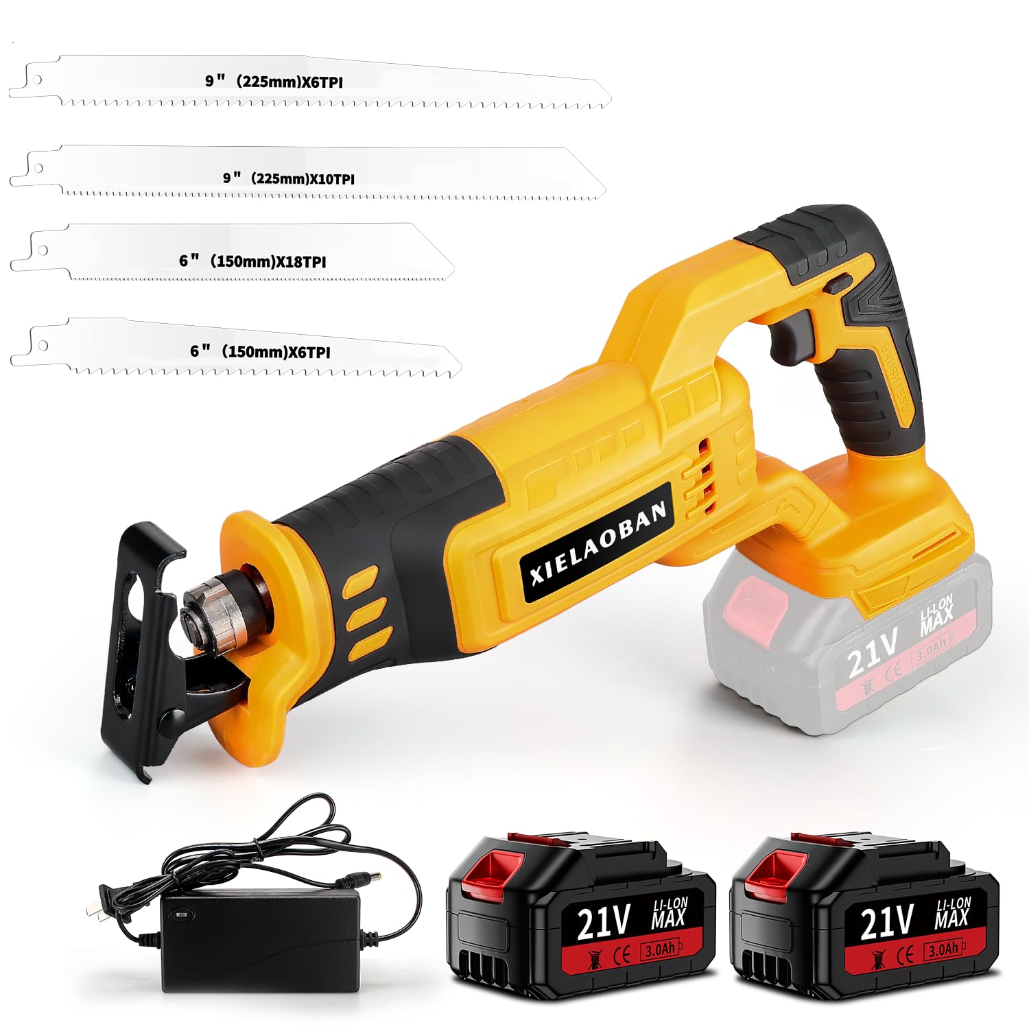 XIELAOBAN Sawzall, Cordless Electric Reciprocating Saw, 3000 SPM 3 Speed Adjustment with 4 Blades for Wood, Metal, Plastic,Including 2pcs 21V/3.0Ah Li-Ion Battery With Fast Charger