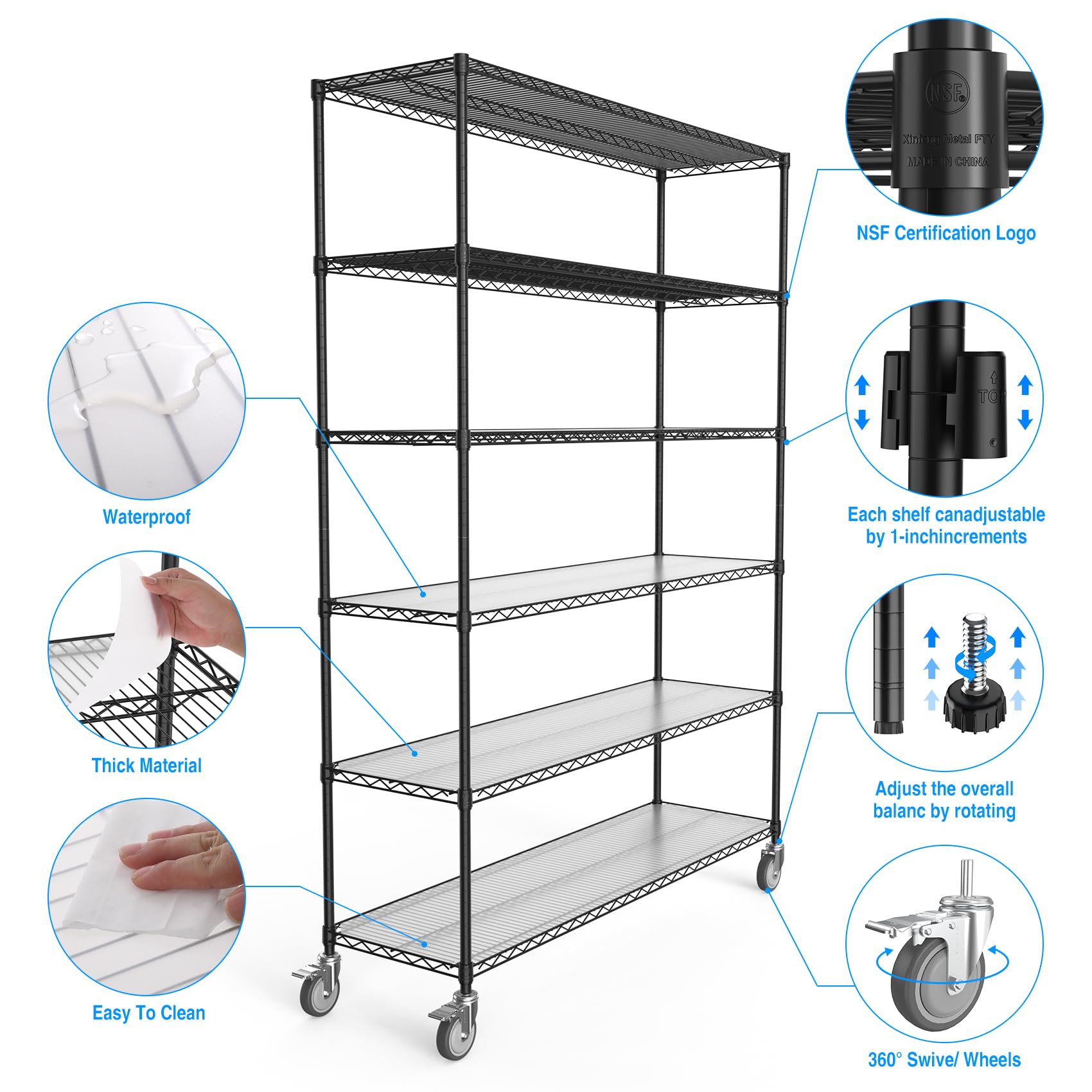 NSF 6 Tier 6000lbs Metal Shelf Wire Shelving Unit, Heavy Duty Adjustable Storage Rack with 5in Wheels and Shelf Liners for Commercial Grade Utility Steel Storage Rack - 18"D x 60"L x 87.5"H - Black