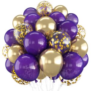 purple gold confetti balloons, 60 packs 12 inch dark purple and gold metallic chrome party balloons with ribbons for girls women birthday, baby shower, wedding, anniversary, graduation decoration