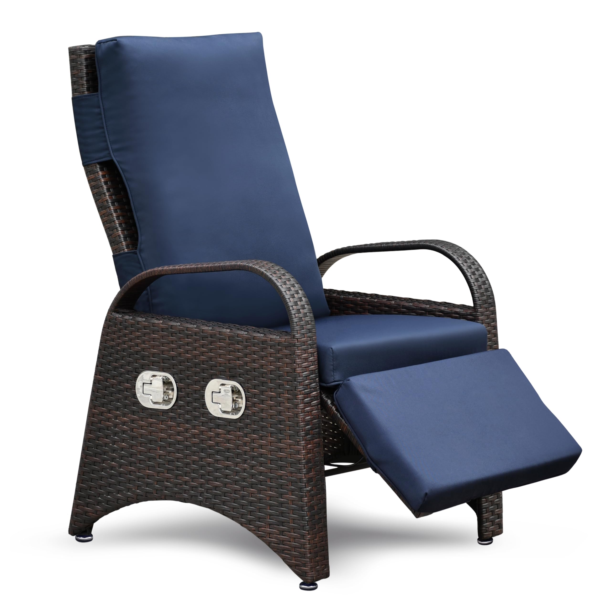 Indoor & Outdoor Recliner with Headrest and Flip Table, All-weather PE Wicker Patio Reclining Lounge Chair, Air Pump Adjustable Back and Footrest Removable Cushion (One Chair - Navy Blue)