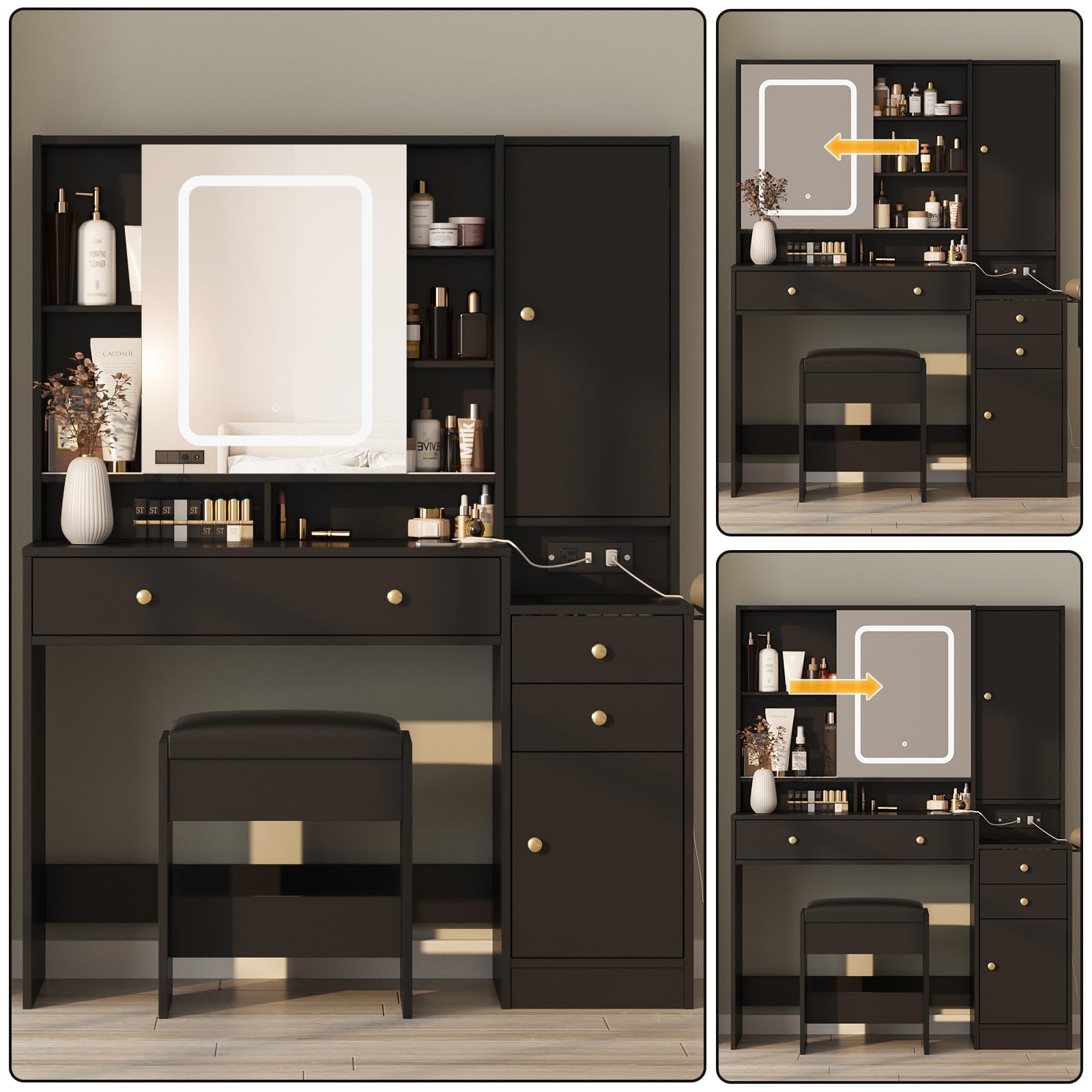 Vanity Table with Mirror, Lights and Charging Station - Glass Top Vanity with 3 Drawers, Jewelry Cabinet and Sliding Door, 42.8 Inches