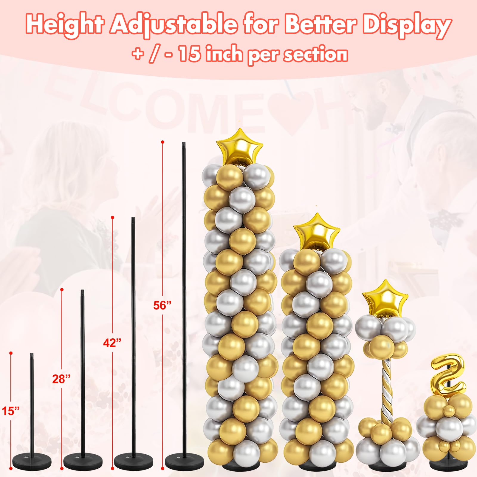 Balloon Stand - Set of 2, 56 Inch Height Adjustable Splicing Metal Pole Balloon Column Arch Stand Kits with Base for Floor,Centerpieces Balloon Tower Pillar for Birthday Party,Baby Shower,Christmas