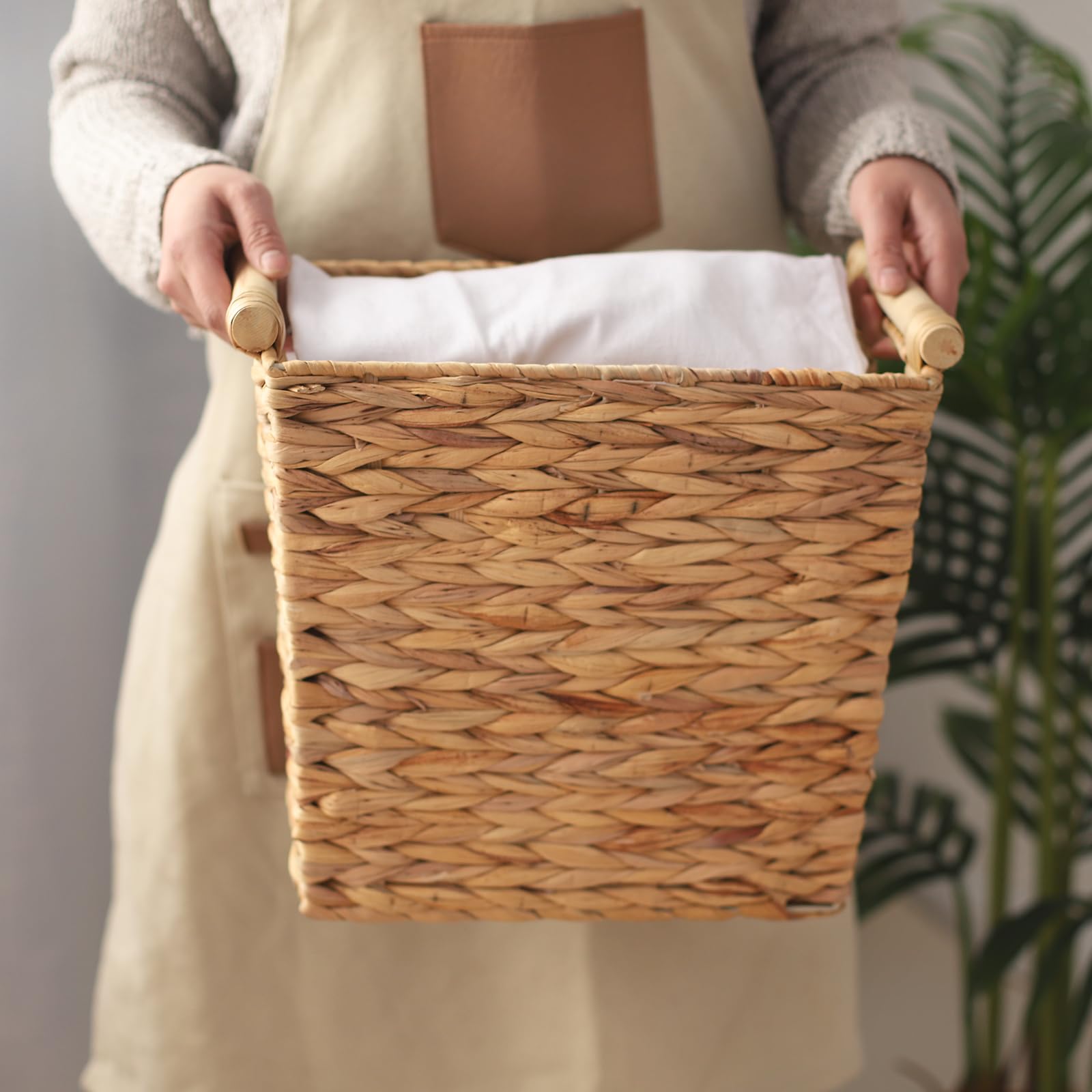 KINGWILLOW Wicker Waste Basket with Wood Handles, Woven Water Hyacinth Trash Can for Sundries Bedroom Bathroom Office