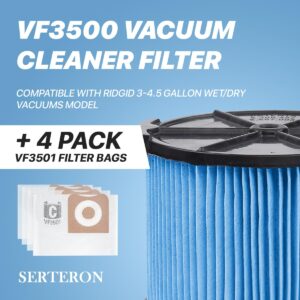 2 Pack VF3500 Filter Replacement for Ridgid Portable Vac 3-4.5 Gallon Wet Dry Vacuums + 4 Pack VF3501 Filter Bags (total 6 Pack)