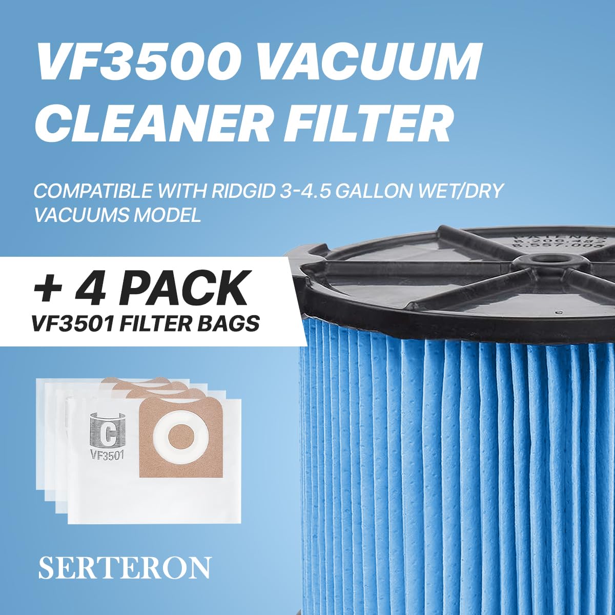 2 Pack VF3500 Filter Replacement for Ridgid Portable Vac 3-4.5 Gallon Wet Dry Vacuums + 4 Pack VF3501 Filter Bags (total 6 Pack)