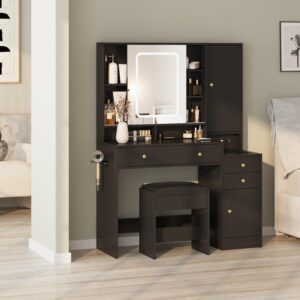 Vanity Table with Mirror, Lights and Charging Station - Glass Top Vanity with 3 Drawers, Jewelry Cabinet and Sliding Door, 42.8 Inches