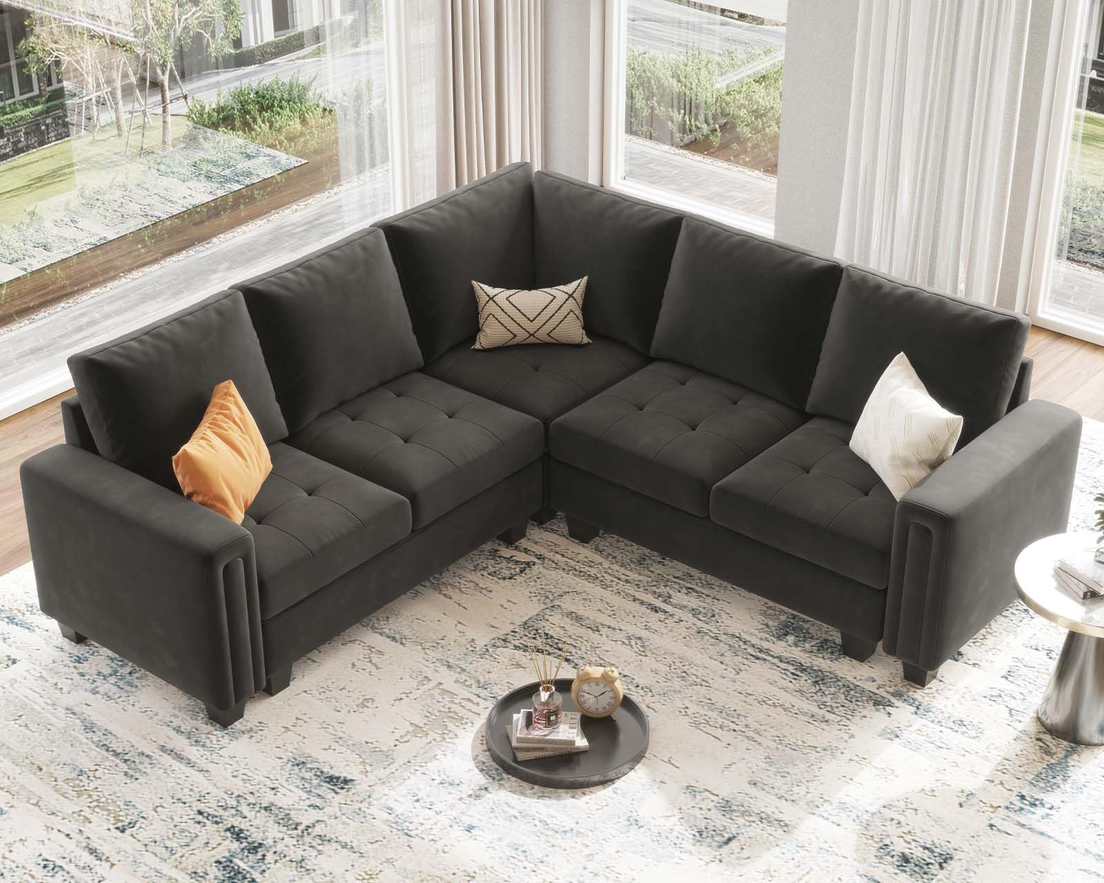 Belffin Velvet Modular Sectional Sofa Convertible Sectional Sofa Couch with Reversible Chaise L Shaped 4 Seater Corner Sofa Couch Grey