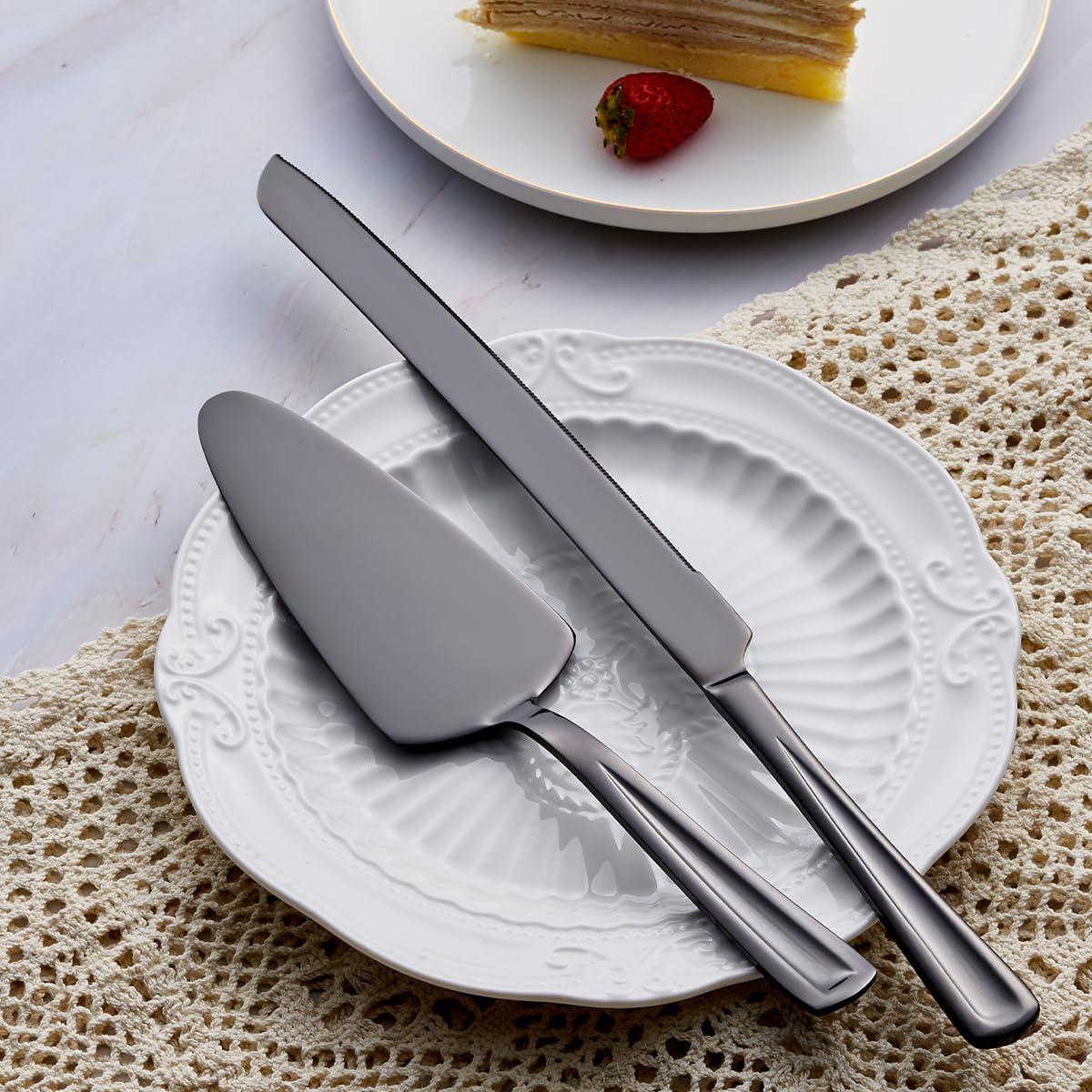 GoGeiLi Black Cake Knife and Server Set, 13-inch Stainless Steel Cake Cutting Set, Elegant Cake Cutter Set for Wedding, Birthday, Parties, Anniversary