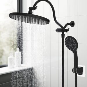 Hibbent 10'' Self-cleaning Rain Shower Head, High Pressure Handheld Shower Head, Showerhead Combo with 12'' Adjustable Curved Shower Extension Arm, 7-Spray, 71'' Hose, Showerhead Holder, Matte Black