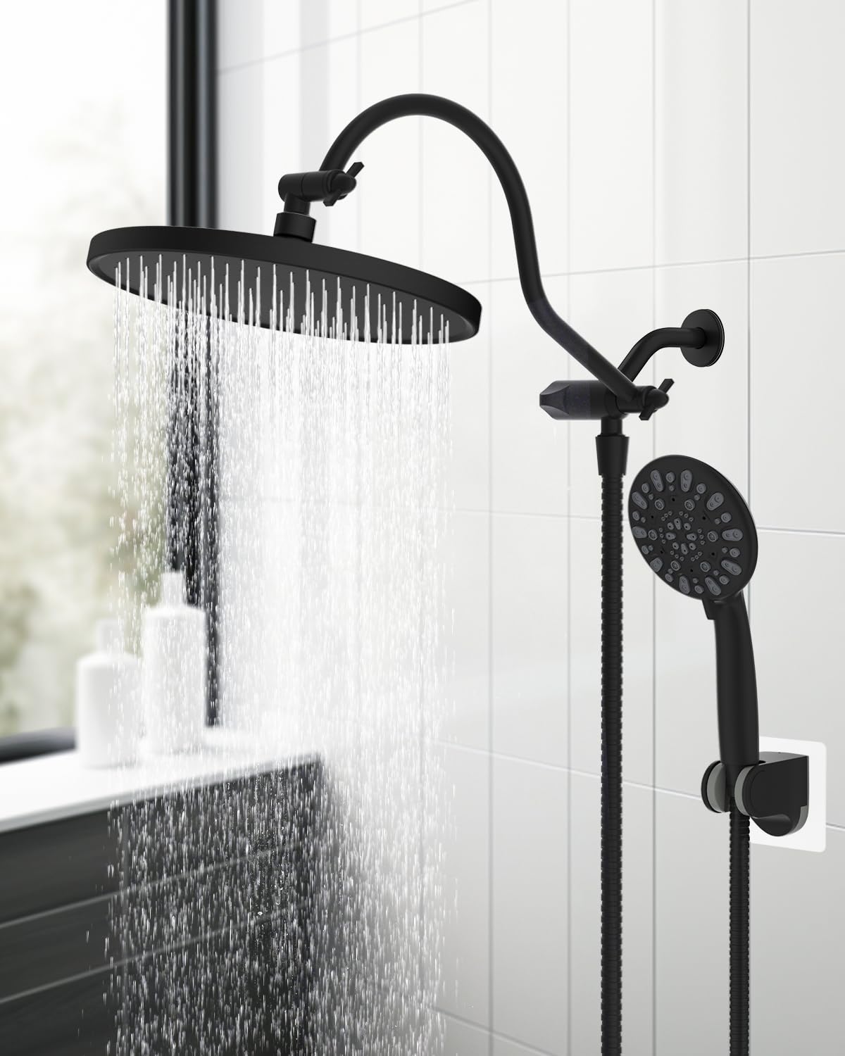 Hibbent 10'' Self-cleaning Rain Shower Head, High Pressure Handheld Shower Head, Showerhead Combo with 12'' Adjustable Curved Shower Extension Arm, 7-Spray, 71'' Hose, Showerhead Holder, Matte Black