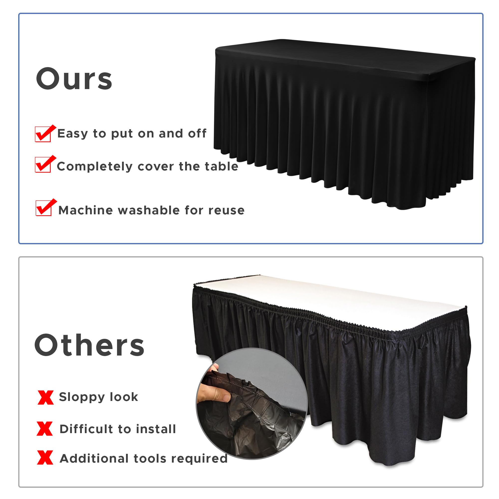 Nasitos Black Table Skirt for 6 Foot Rectangle Tables, 2 Pack - 72 x 30 Inch - Stretch Spandex Fitted Table Clothes, Fabric Table Covers Cocktail Tablecloths for Party, Banquet, Birthday