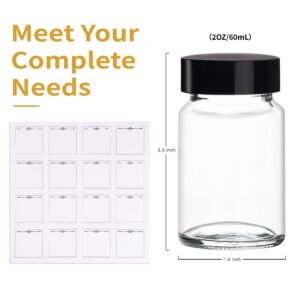 16 Pack 2 oz Glass Shot Bottles with Black Lids & Labels, Wide Mouth 60 ml Small Glass Bottles for Ginger, Leakproof Travel Mini Clear Jars for Wellness Shot, Juice - Dishwasher Safe