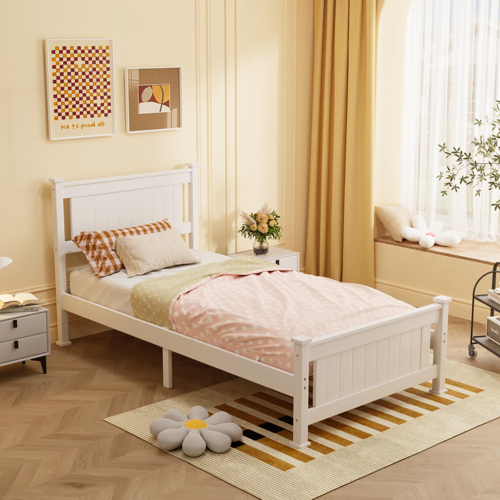 VINGLI Twin Bed Frame Solid Wood Platform Bed Frame, Single Bed with Headboard, No Box Spring Needed Panel Bed, Wood Slat Support Mattress Foundation, White