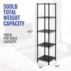 SafeRacks - NSF Certified Storage Shelves, Zinc, Heavy Duty Steel Wire Unit with Wheels and Adjustable Feet, Garage or Bakers Rack, Kitchen, Pantry Shelf - (14"x14"x60" 5-Tier) (Black)