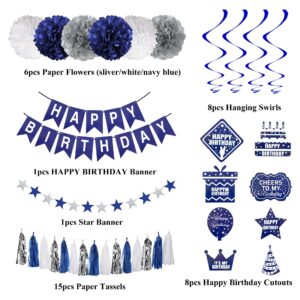 Blue Birthday Decorations for Men Boys, Blue Silver Party Decorations Fringe Curtains Happy Birthday Banner Hanging Cutouts Tassels Graduation Party Decors 13th 16th 18th 21st 30th 40th 50th 60th Him