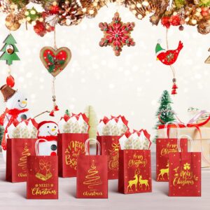 Christmas Gift Bags 24 Pcs, Red Glitter Christmas Bags for Gifts with Tissue Paper, 6 Styles Red and Gold Foil Paper Goodie Bags with Handles, Bulk Xmas Holiday Reusable Party Favor Treat Gift Bags