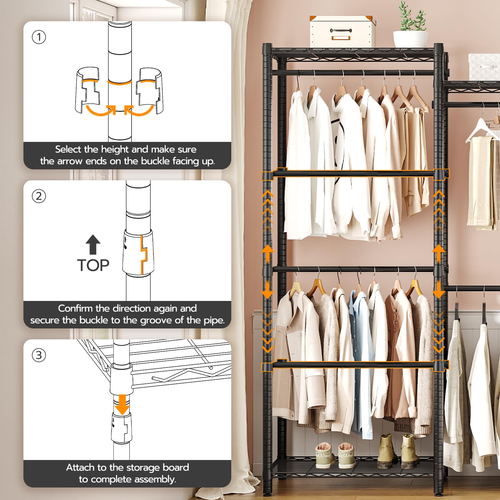 HOOBRO Heavy-Duty Clothes Rack, Freestanding 6-Tier Closet Organizer, Metal Clothing Rack with Shelves and Hanger Rods, Multi-Functional Bedroom Garment Rack, Max Load 800 lb, Black BK03LY01