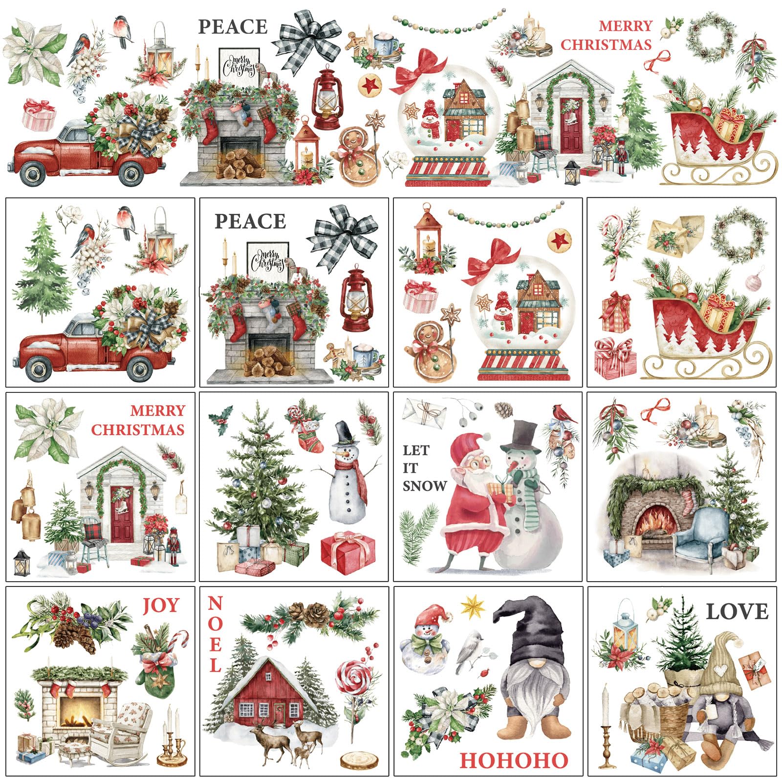 Whaline 12 Sheets Christmas Rub on Transfers Classic Watercolor Santa Snowman Gnome Transfer Stickers Winter Floral Bird Furniture Decals for Home Office Paper Wood DIY Crafts, 5.9 x 5.9 Inch