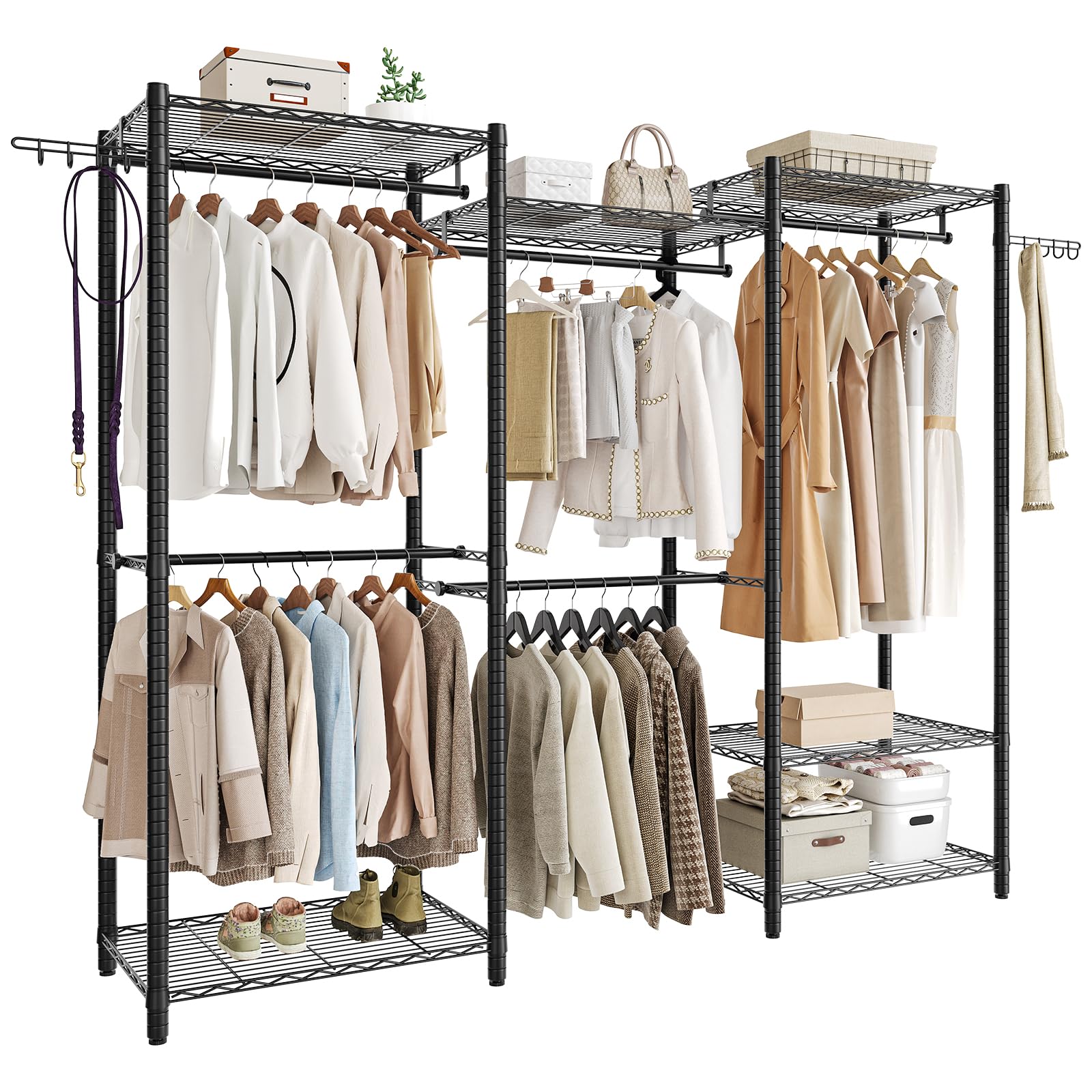 HOOBRO Heavy-Duty Clothes Rack, Freestanding 6-Tier Closet Organizer, Metal Clothing Rack with Shelves and Hanger Rods, Multi-Functional Bedroom Garment Rack, Max Load 800 lb, Black BK03LY01