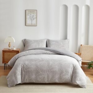 aryurbu king size duvet cover set, 3pcs microfiber double yarn jacquard comforter cover, breathable ultra soft branch floral bedding set with 2 pillow shams for all season use, grey